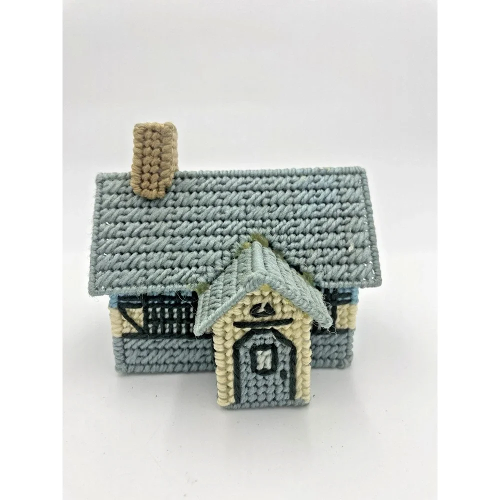 Vtg 70s Handmade Yarn Needlepoint Completed‎ 2 Cottage Houses Plastic Canvas